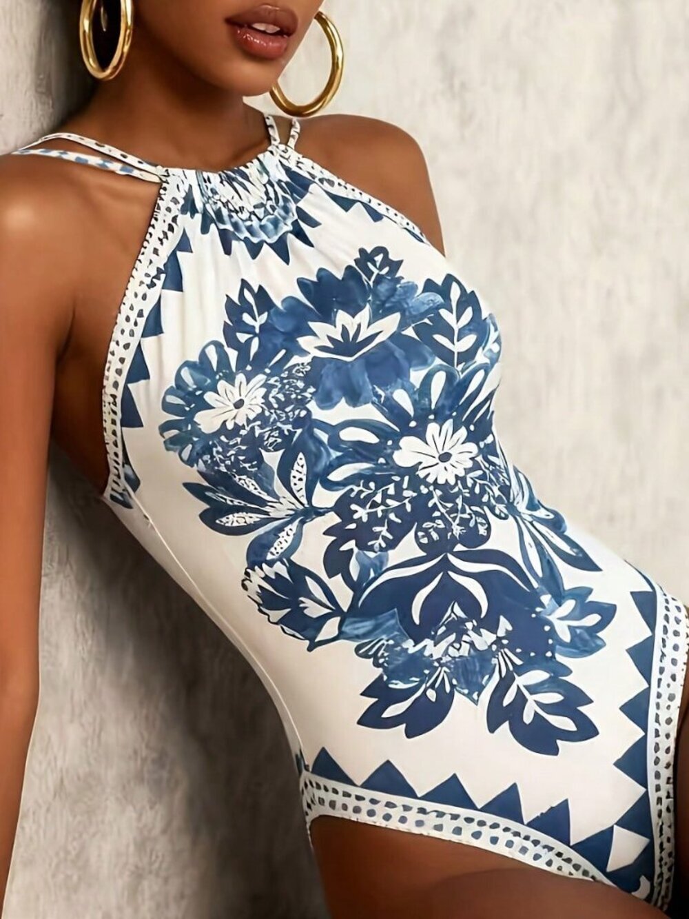 White And Blue Sexy Women's Floral Print Backless Bohemian One-Piece Swimsuit